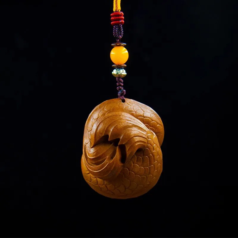 XS1505- 5 CM Two Lucky Fish Figurine Wood Carving Car Bag Pendant Animal Statue Hanging Lucky Netsuke