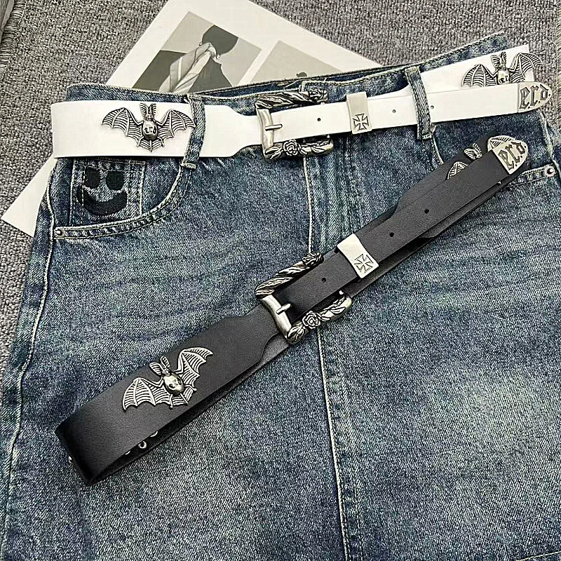 

Gothic Design Erd Bat Men's Waist Belt Cross Hollow Double Nail Punk Rivet Double Row Belt Rock Personality Y2k Belt 2025