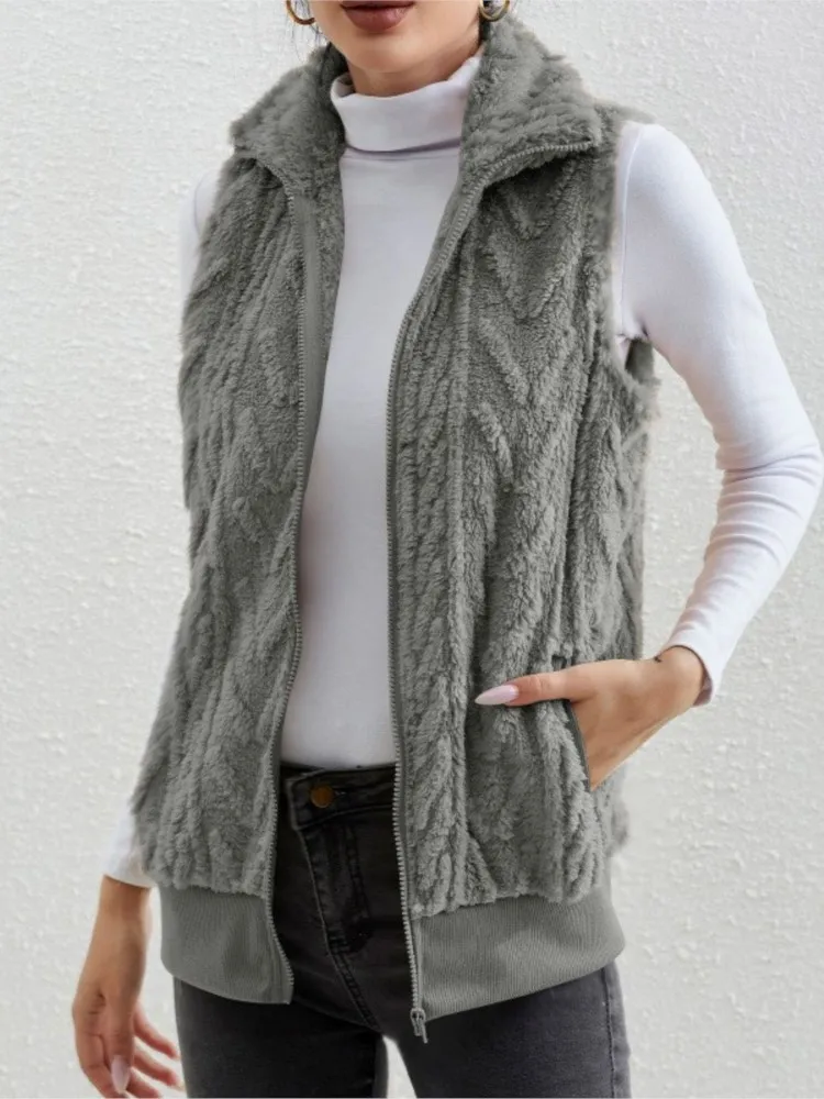 Fashion Plush Cardigan Vest For Women Casual Zipper Lapel Pocket Solid Color Warm Women\'s Vest Coat Female Streetwear 2025