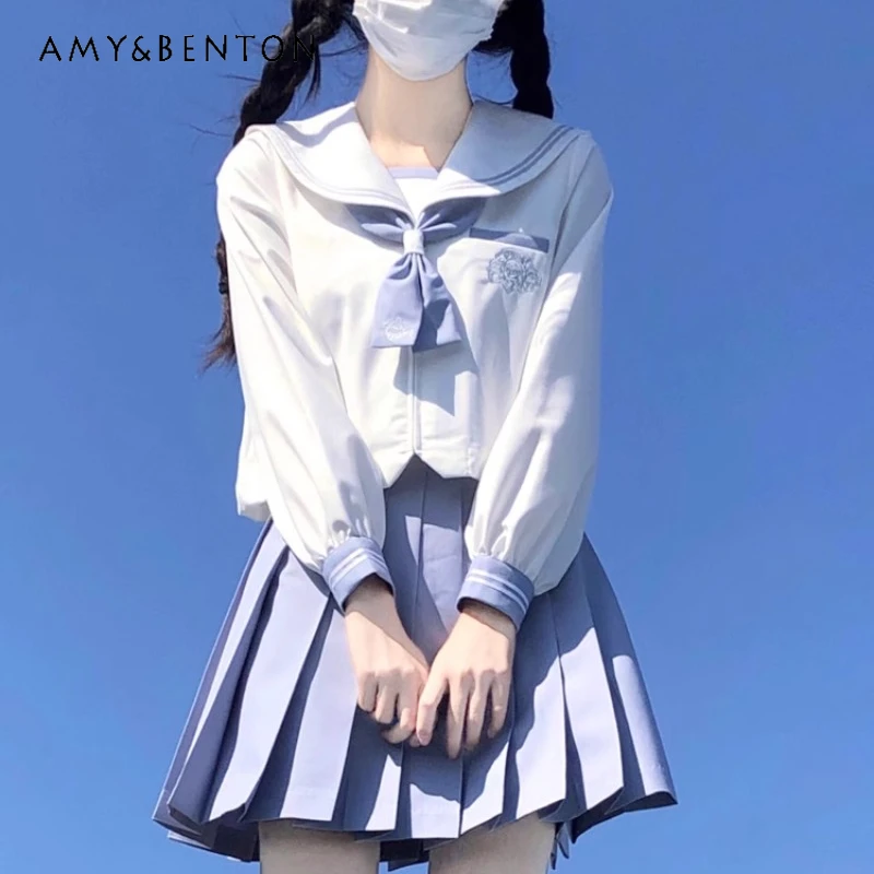 

Japanese JK Uniform College Style Sailor Collar Top Outfits Blue White Color Matching Suit Short Sleeves Blusas Skirt Set Female