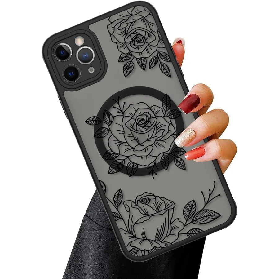 حافظة مغناطيسية رفيعة شفافة غير لامعة مع نمط وردة زهرة سوداء لهاتف iPhone 11 Pro Max 6.5 - متوافقة مع MagSafe Enhance