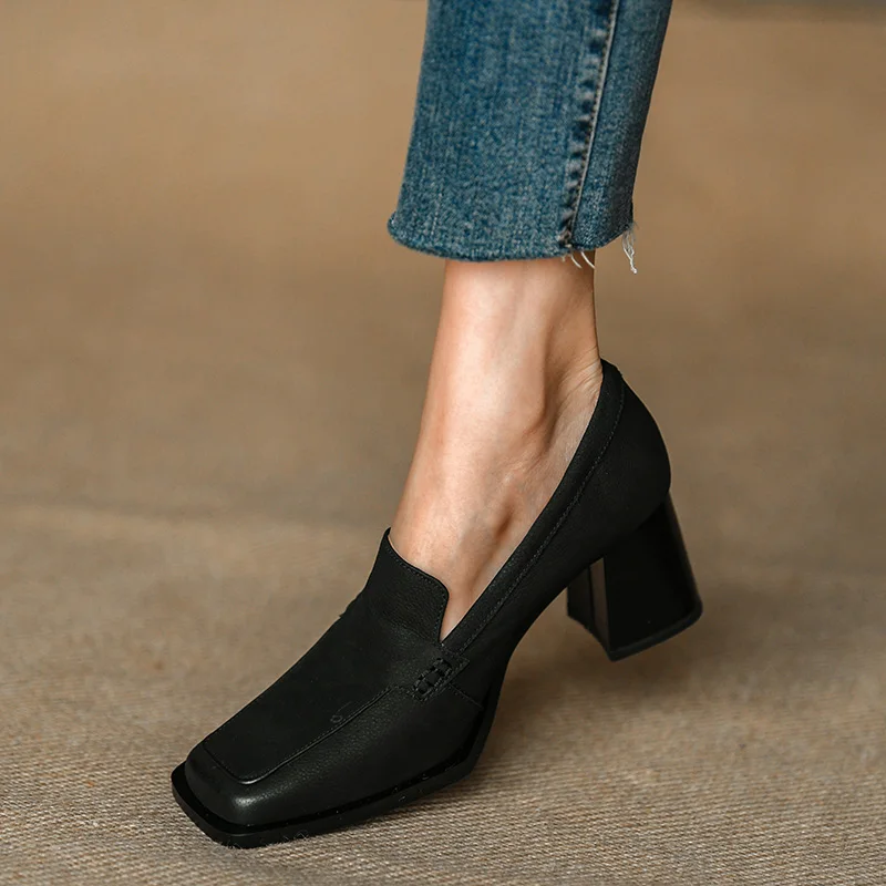 Women Retro Pumps Spring Autum Thick Square Heeled Shoe Slip-On Cowhide  Female Pumps Square Toe French Style Ladies Shoes 6.5CM