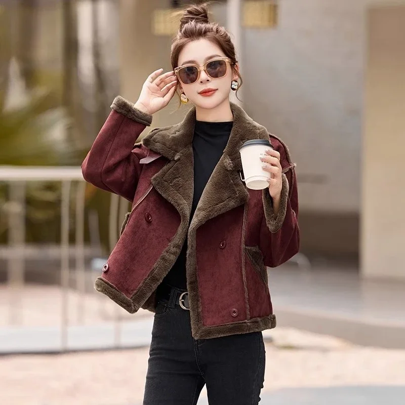 UNXX Shearling Moto Jacket for Women Female Office Lady 2024 Winter Fleece-Lined Short Slim-Fit Style High Quality Fashionable