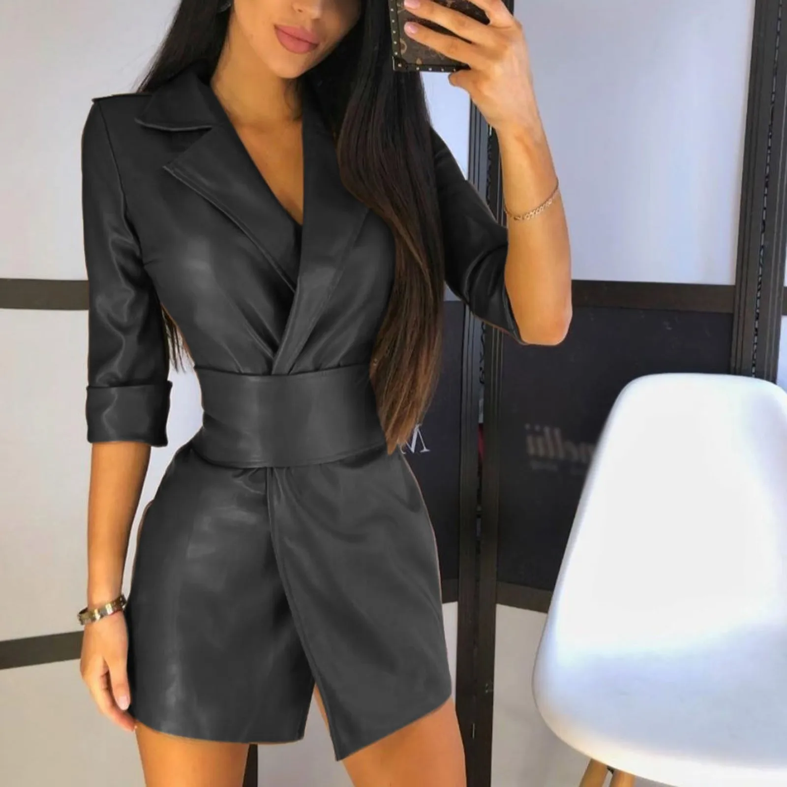 

Sexy Women PU Leather Dress Long Sleeve V Neck Winter Bodycon Dress Blazer Mini Dress With Belt Office Ladies Elegant Dress
