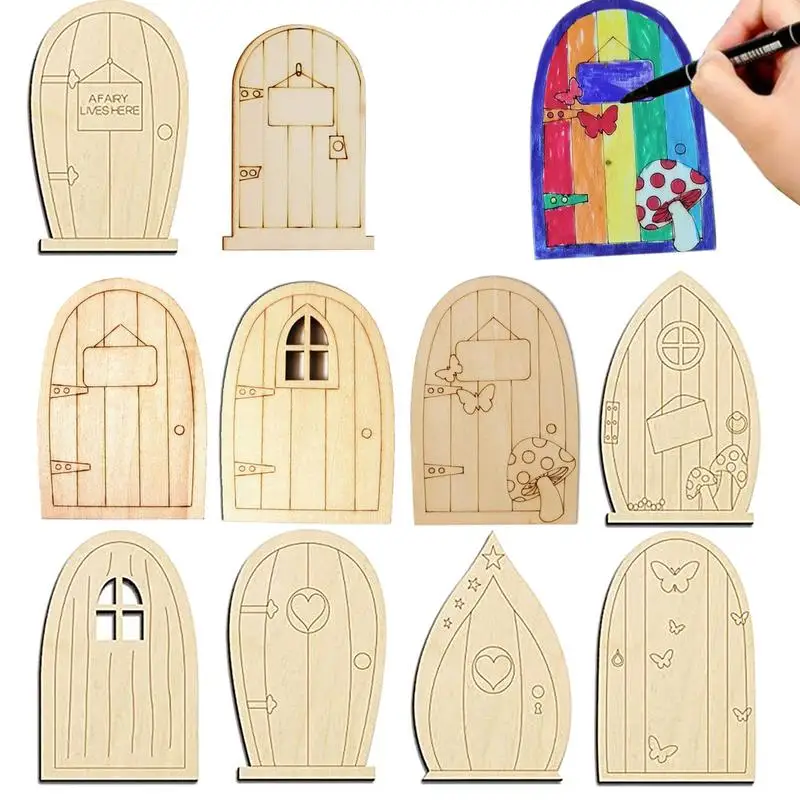 10pcs Fairy Door Painting Garden Doors Craft Fairy Garden Door Hand Carved Secret Elf Door Unfinished Miniature Elf Door