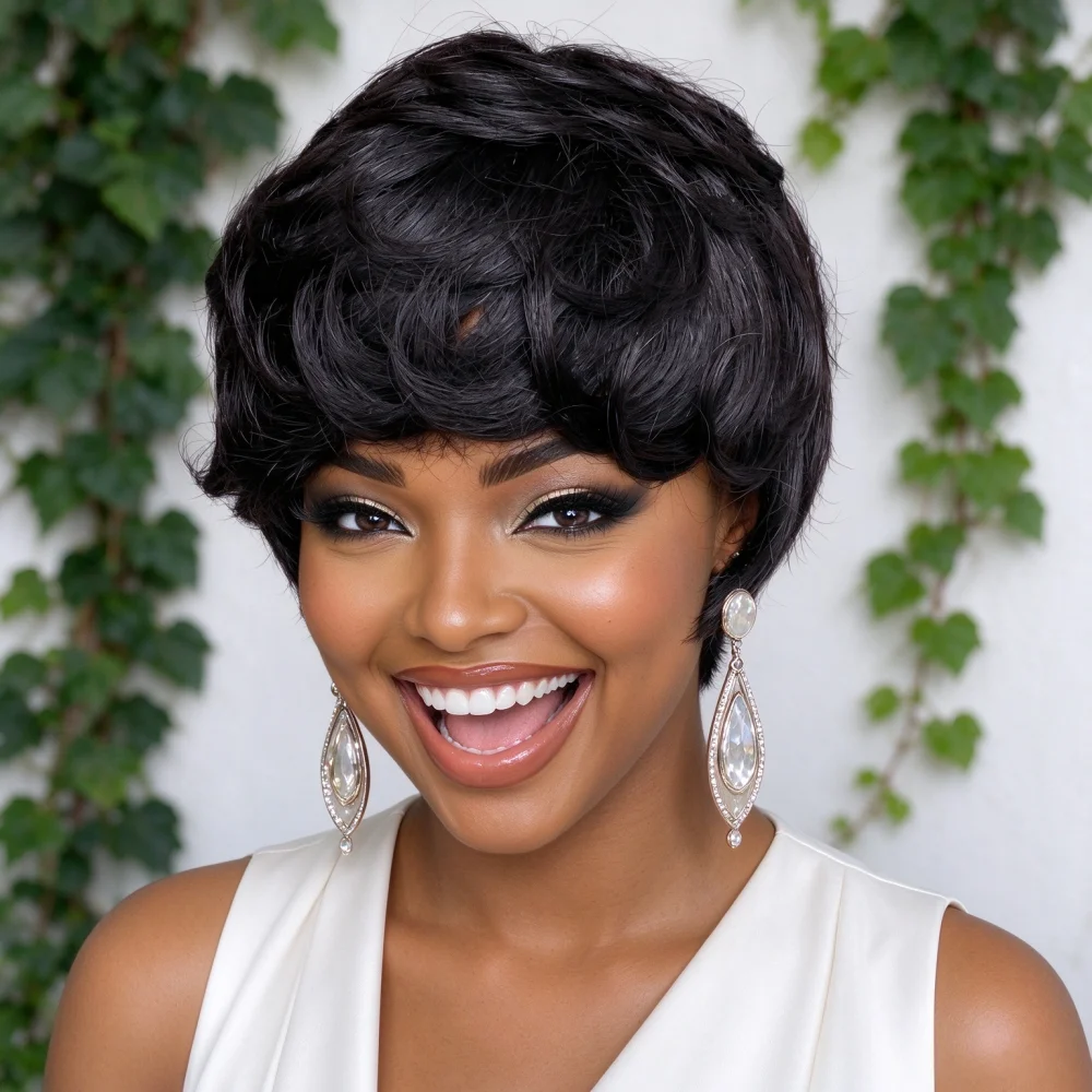 Full Machine Made Human Hair Short Pixie Wig, Soft Natural Curly Short Wigs For Women, Fashion Side Part Short Hair Wig