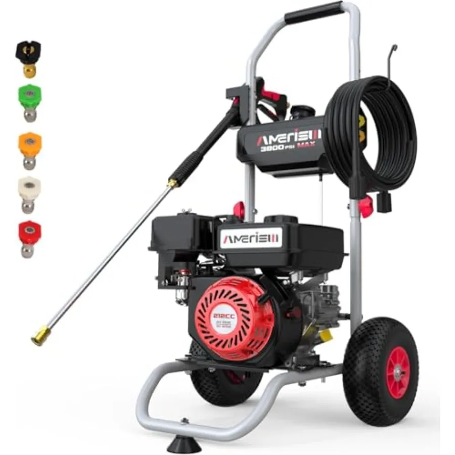 

Gas Pressure Washer 3800 PSI 2.5 GPM Gas Powered Pressure Washer 212CC 4-Stroke OHV Engine 10" Wheels 5 Nozzle Set for Cars Fen