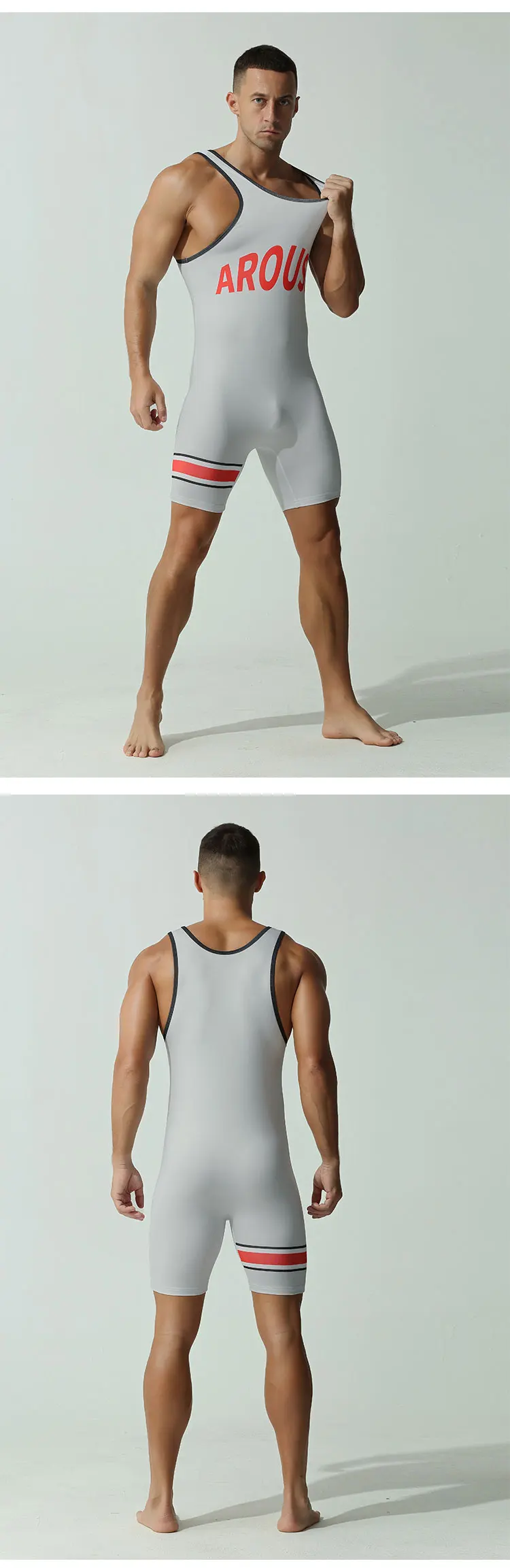 TAUWELL Herren-Einteiler-Ringeranzug „AROUSE“ mit Buchstaben-Print, glatter, dehnbarer Stoff, atmungsaktiver Sport-Bodysuit für Fitness und Training – Detail 6