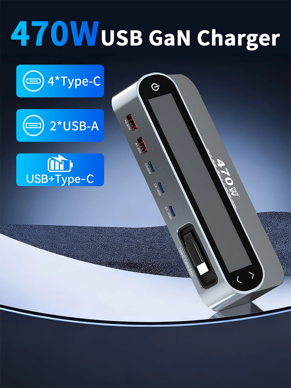 470W GaN Fast Charger 140W PD3.1 PPS USB Type-C Digital Display Desktop Charging Station for iPhone 16/15 MacBook Laptops