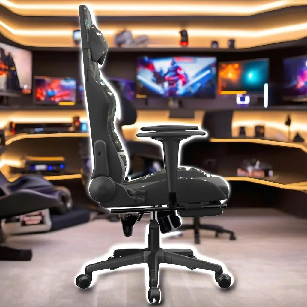 Ergonomic Gaming Chair with Footrest - Black & Camouflage Faux Leather Design