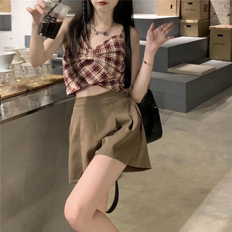 Zestawy damskie Sweet Plaid Camis Design Bow Sleeveless Crop Tops Pleated Shorts Trendy Sexy Ulzzang Chic Two Pieces for Summer Mujer