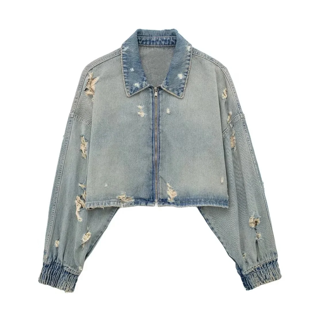 Fmxires Autumn Women's Hole Decorated Denim Short Jacket Fashionable O-neck Long Sleeve Zipper Loose Jacket Women's Short Top