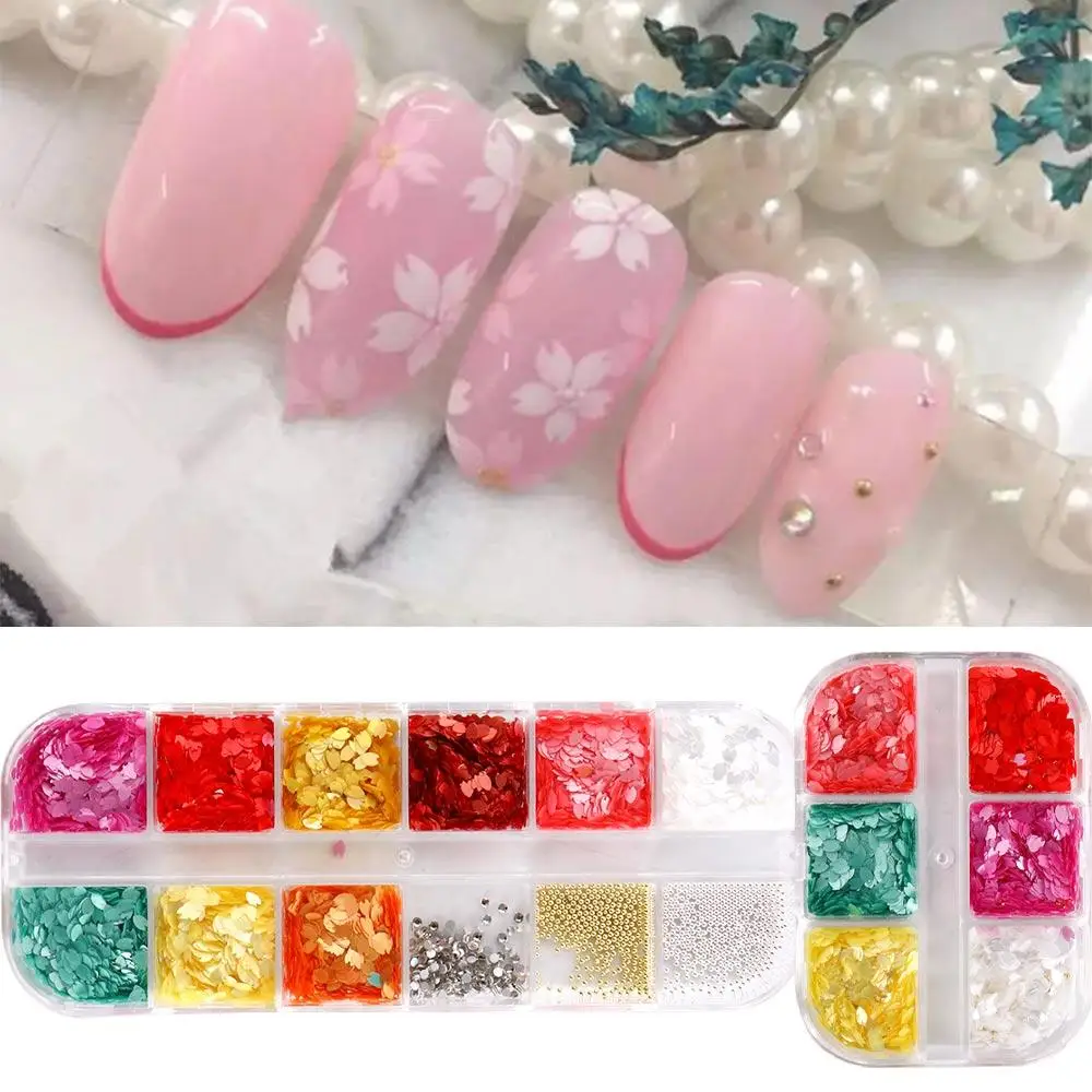 Mini Aço Bead para Nail Art, Pétala Lantejoulas, 3D Nail Art Decorações, Gel Encantos, Flocos, Sakura Nail Sequins, 1 6 12 Grade Artesanato