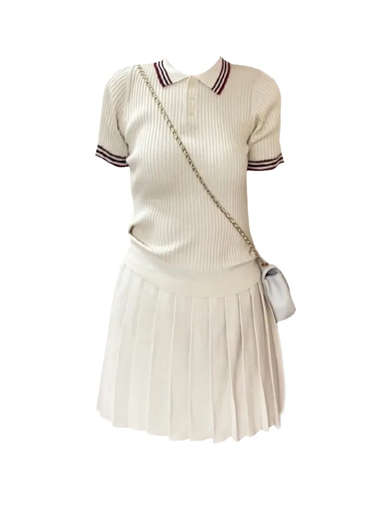 Summer 2024 Outfits 2 Piece Skirts Set Beige Polo-Neck High Quality Slim Top + Women New Design Pleated Skirt Sweet Sexy Trend