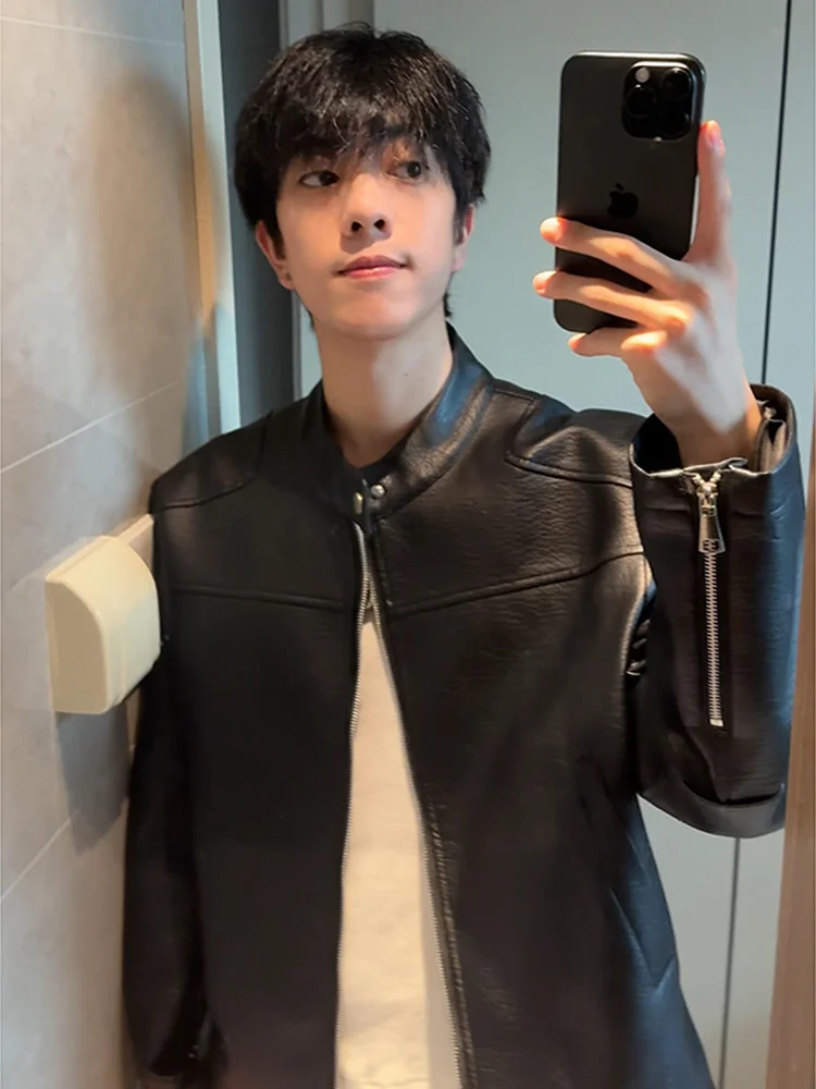 

Retro American PU Leather Motorcycle Jaet Men's ort CleanFit Stand Collar Baseball Vest Jaet Youth Faion Windproof