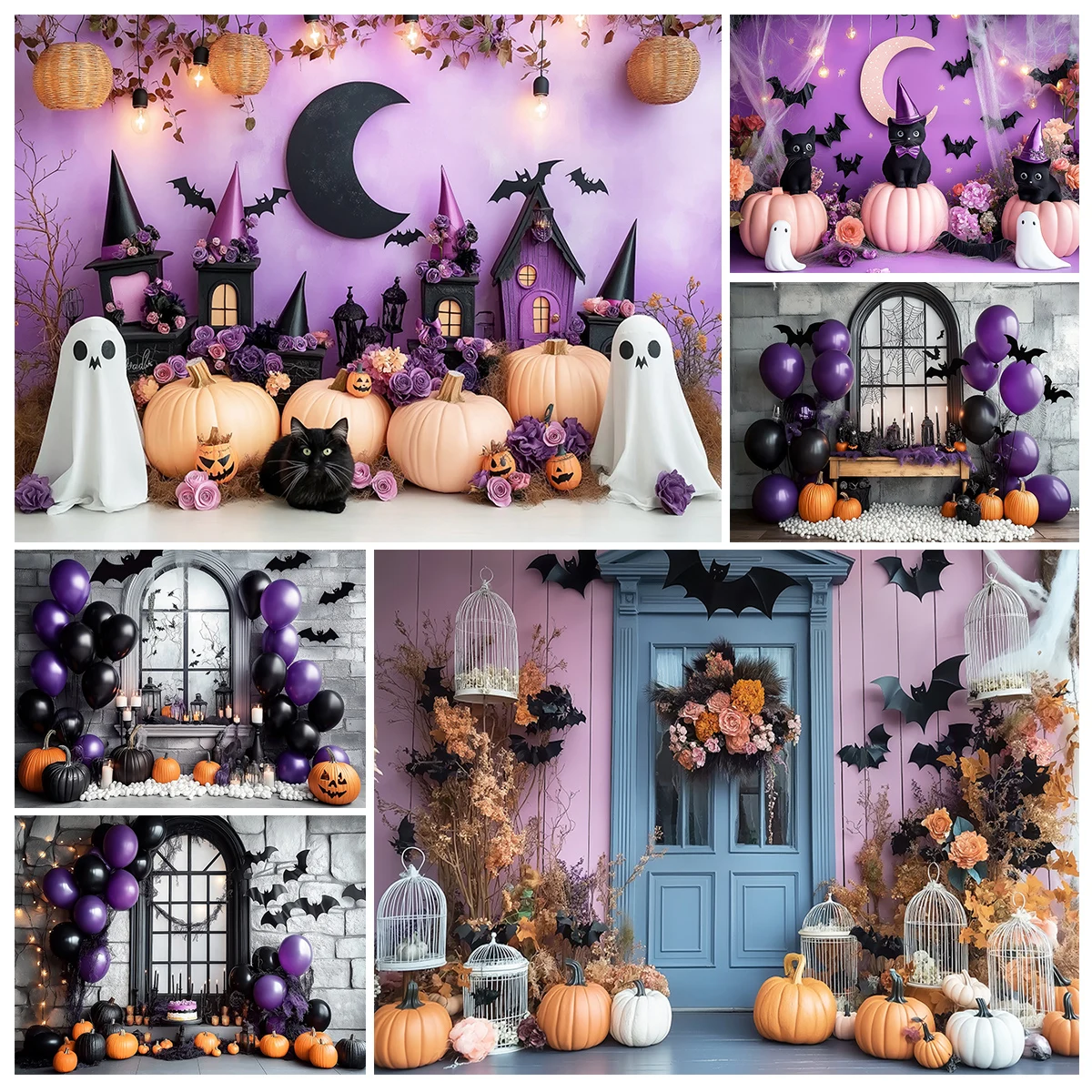 

Halloween Ghost Pumpkins Backdrop Black and Whote Stone Wall Kids Baby Cake Smash Photography Studio Backgrounds