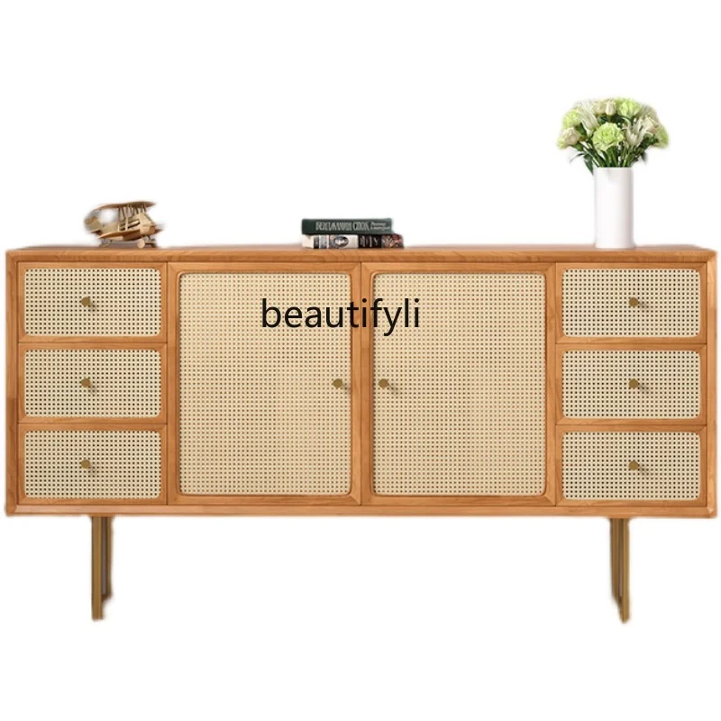 

Nordic Solid Wood Sideboard Simple Modern Living Room Storage Locker Rattan Tea Cabinet