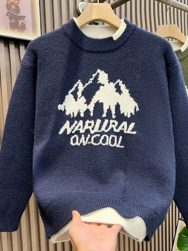 

High-End Men's Knitted round Ne Sweater Autumn Winter Lazy Sle Faux Two-Piece Design Polyester Fiber Long Sve Warmth