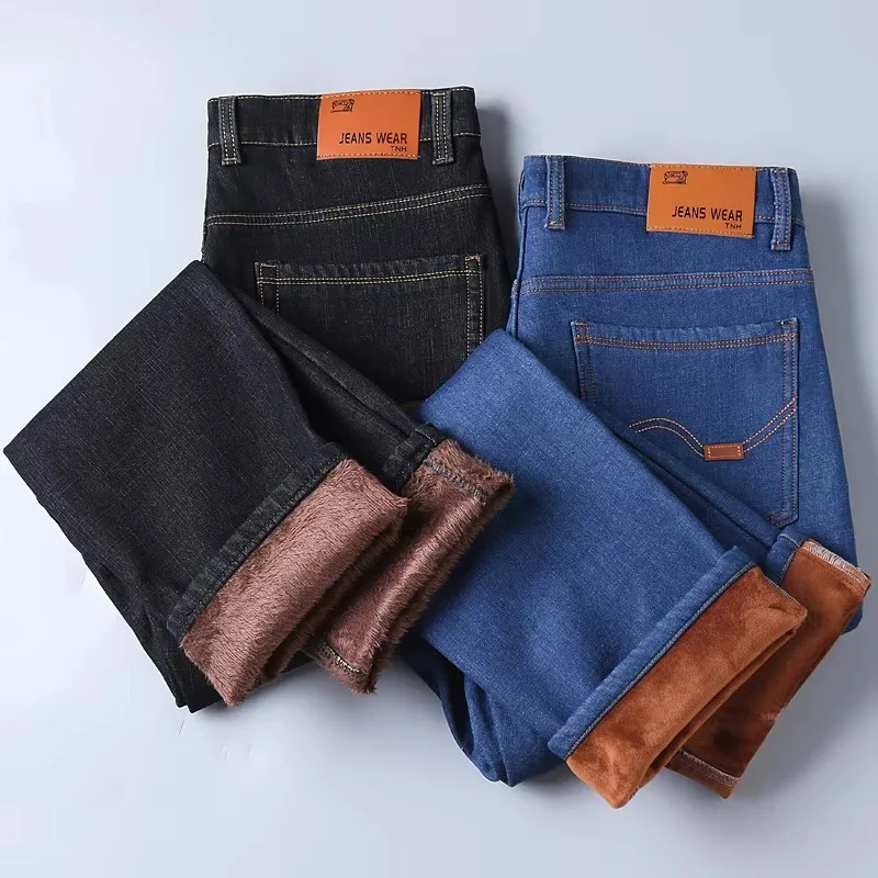 2024ฤดูหนาวใหม่สบายๆขนแกะกางเกงยีนส์สไตล์คลาสสิกธุรกิจThickenขนสัตว์ปกติFit DenimกางเกงPlushกางเกง