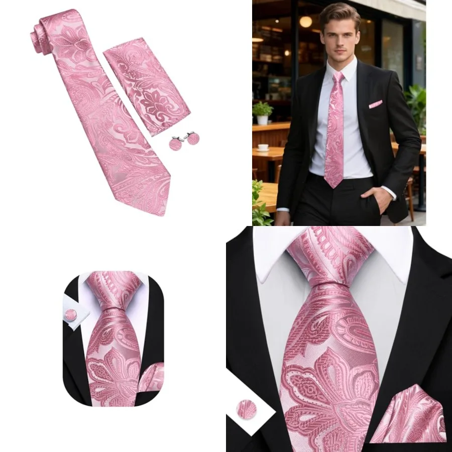 

Men Tie Set Paisley Silk Necktie Pocket Square Cufflinks Formal Wedding Business Party，Rose Gold