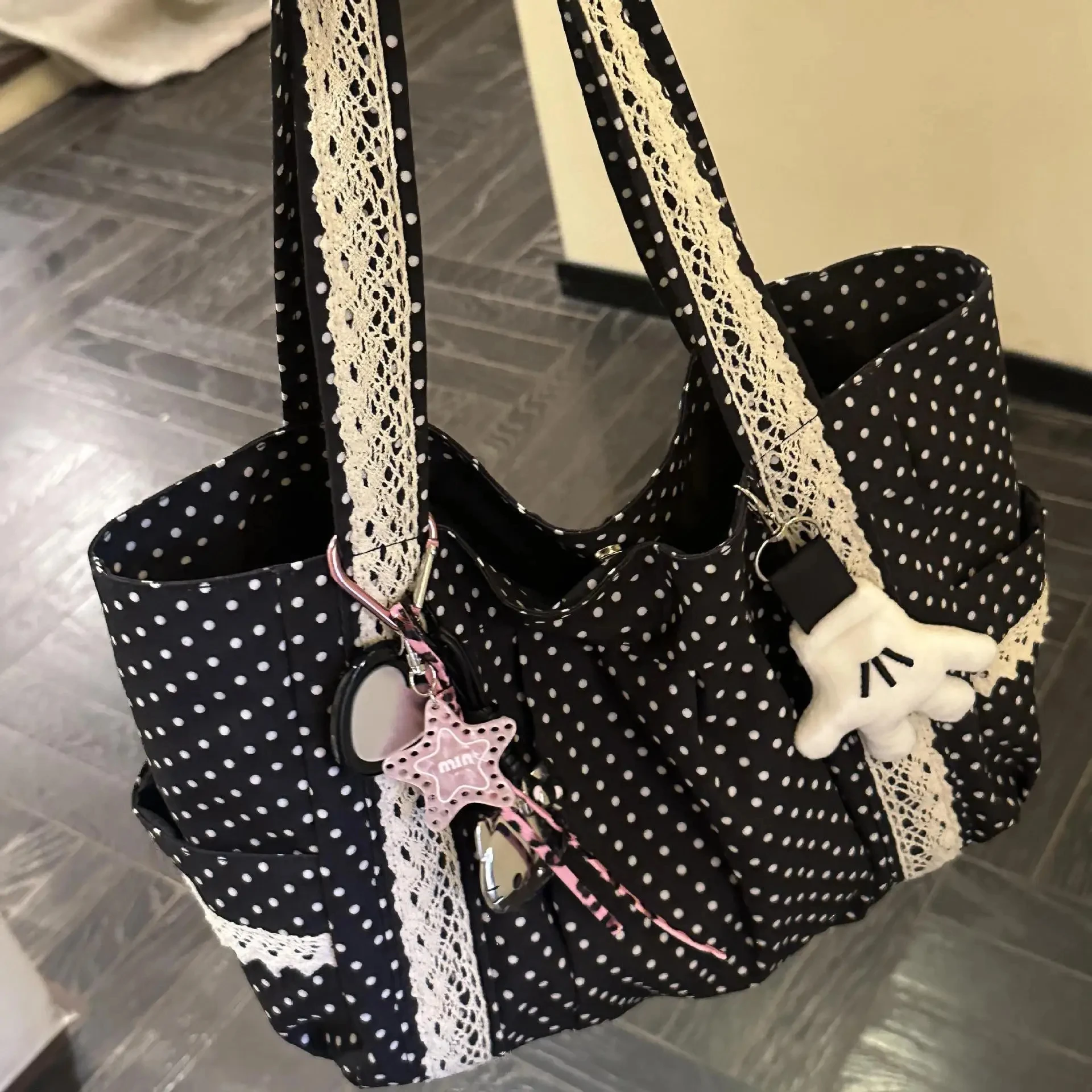 Women Shoulder Bag For Korean Vintage Canvas Cute Lace Large Capacity Tote Multi Pocket Handbag Fashion Round Dot Underarm Bag image 4