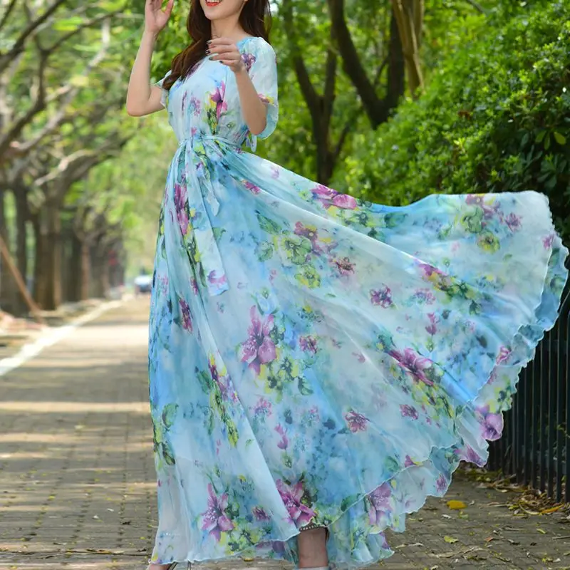 Summer Maxi Dress Women Flowers Print Holiday Floral Boho Beach Loose Evening Party Long Dress Chiffon OversizedRobe Vestidos