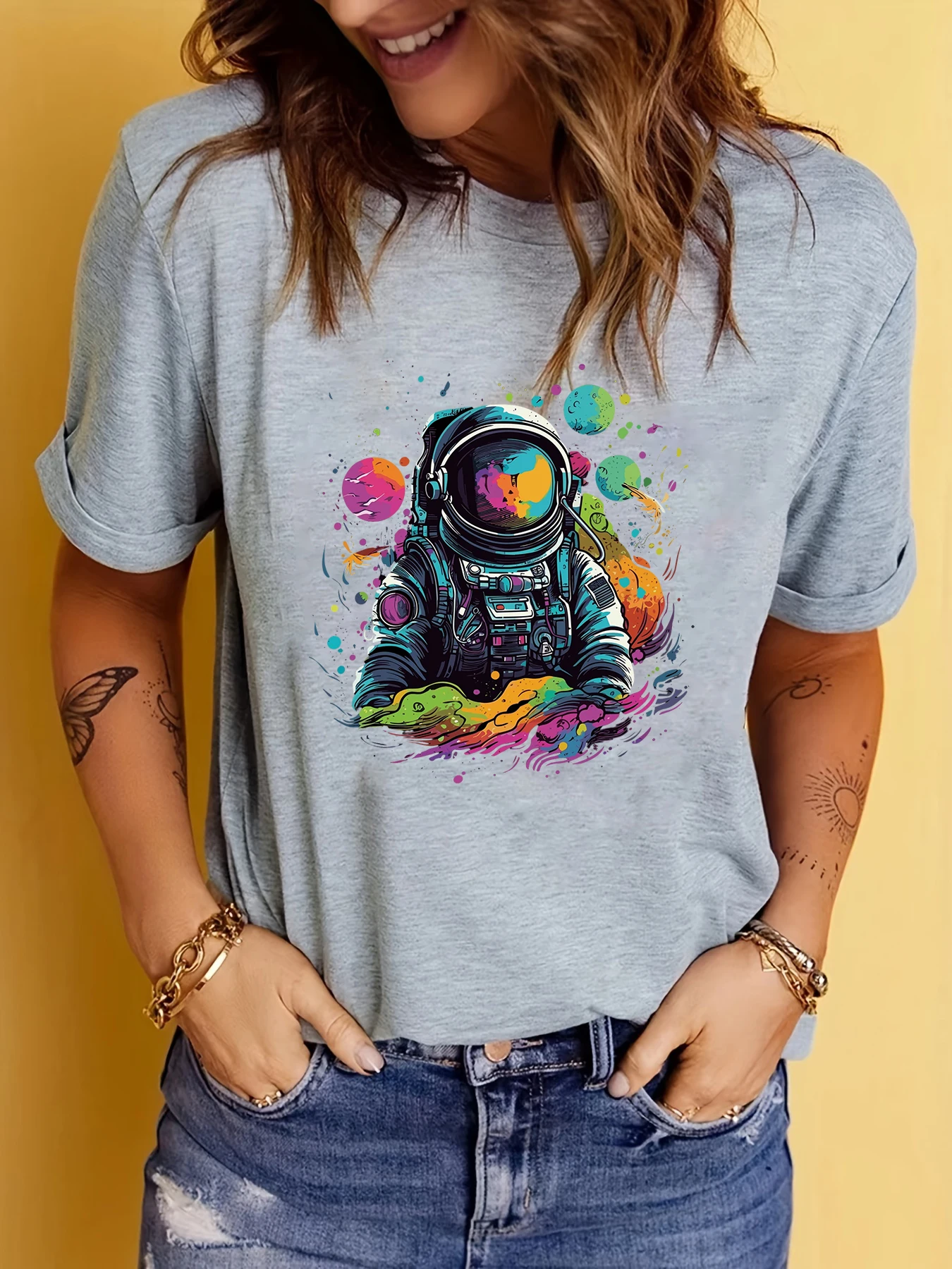 Astronaut Spaceman Printed T-Shirt Women Street Trend Harajuku Summer New T-Shirt Casual Round Neck Short Sleeve Tops