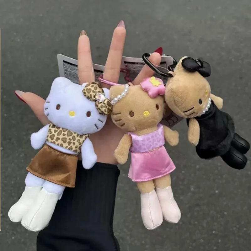 Portachiavi Peluche Sanrio Hello Kitty Nero 15cm, Ciondolo per Zaini da Ragazza, Simpatici Portachiavi Leopardati Hello Kitty