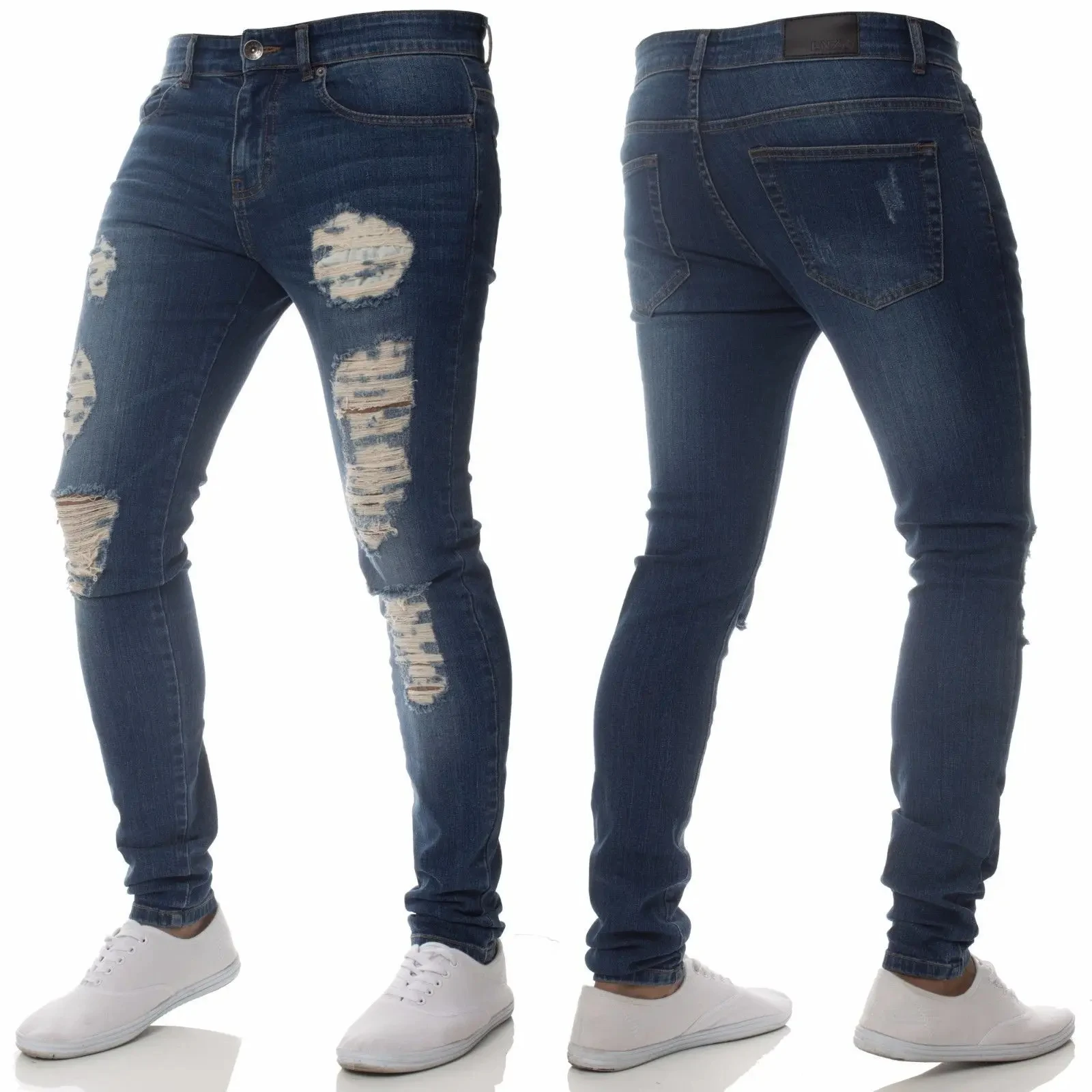 Men's Stretchy Ripped Skinny Biker Jeans Solid Color Elastic Slim Fit Destroyed Hole Denim Pants Casual Fashion Hip-pop Trousers