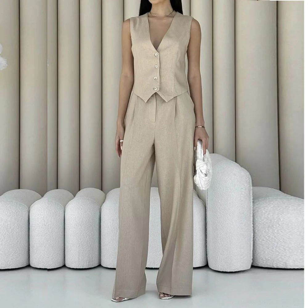 

Simple Women Suits 2 Pieces Vest Pants High Quality Formal Occasion Loose Fashion Sleeveless Stylish Female Clothing Luxury 2025