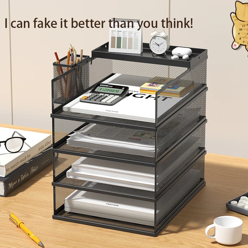4-Tier Stackable Letter Tray Office Desk Paper Organizer File Trays, Desktop Holder for Paper Letter Accessories with Pen Holder