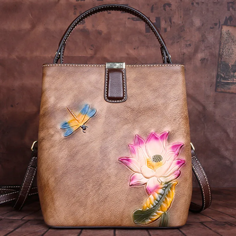 Vintage Genuine Leather Handbag for Women – Hand-Embossed Lotus Floral Purse Collection with Crossbody Strap
