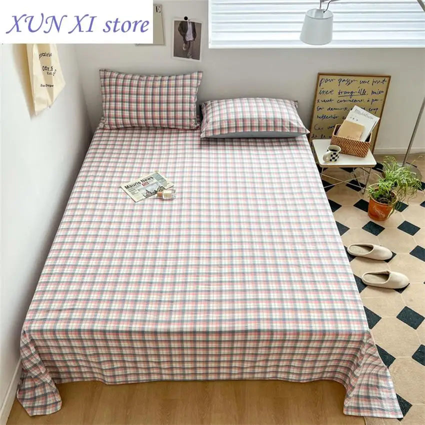 

2023 Pure Cotton Bedsheet 1pc Flat Sheets Nordic Grid Pattern Bed Sheet Soft Comfort Home Textile Without Pillowcase Multi-Size