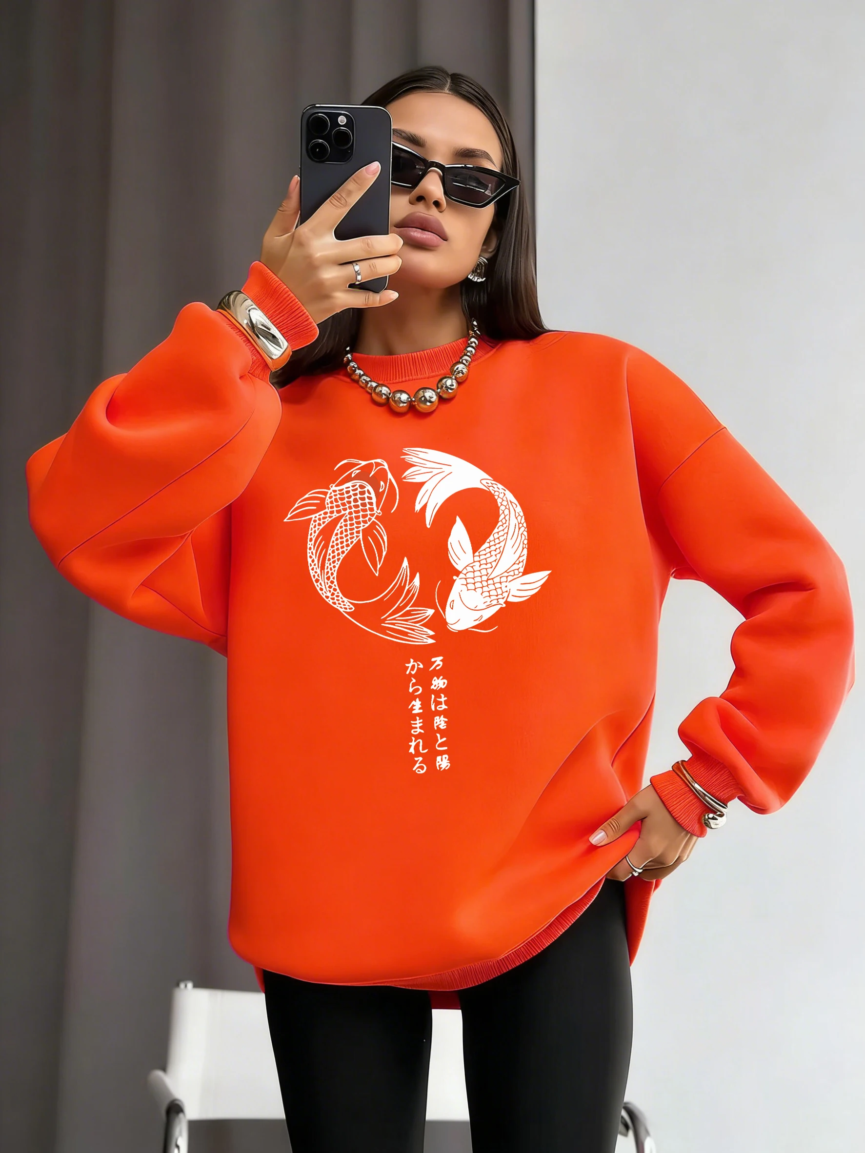 Felpa con cappuccio con stampa illustrazione giapponese Koi Harajuku Pullover in pile casual da donna Felpa allentata Y2K Autunno Inverno Streetwear
