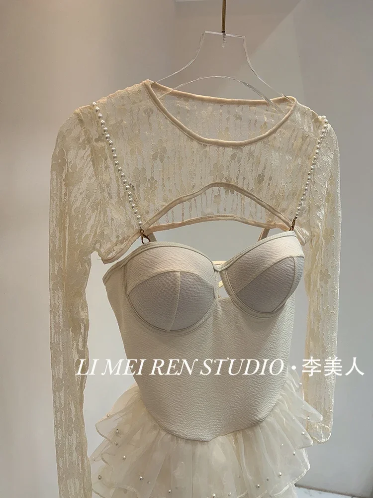 New Heavy Industry Handmade Nail Bead Temperament Mesh Lace Skirt Style  swimsuit