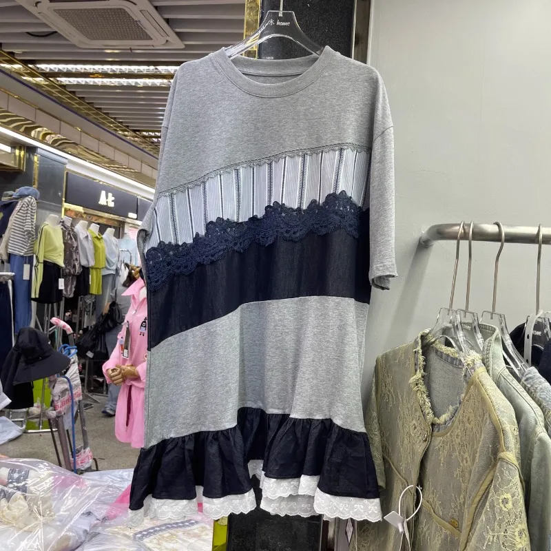 2025春夏新作 レースストライプ切り替え半袖クルーネックTシャツ ゆったり薄手ミディアム丈ワンピース レディース