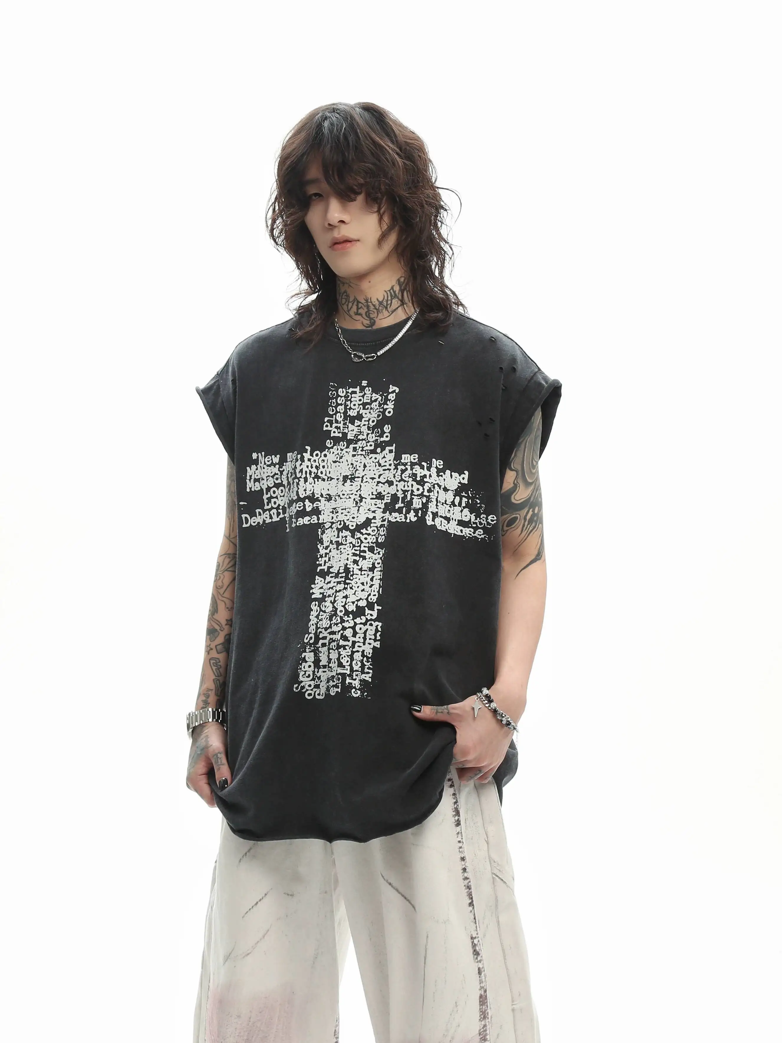 New Men American High Street Distressed Cross Print Washed Sleeveless Tank Tops Summer Vintage Loose