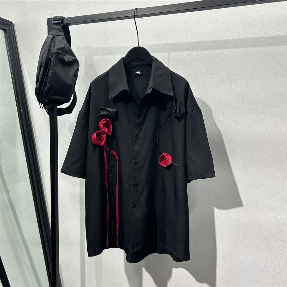 

3D Rose Design Shirt Men Streetwear Hip Hop Punk Thin Short Sleeve Shirt Oversized Harajuku Vintage Casual Blouse Coats Male