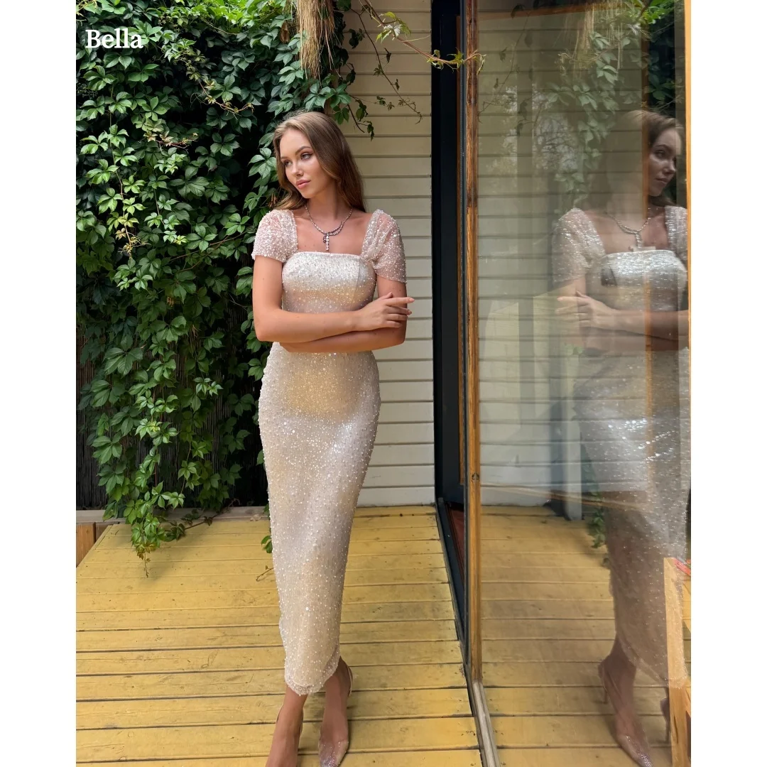 

Bella Customized Champagne Beading Pearls robes de soirée Cap Sleeve Party Dresses Strapless Ankle-Length Backless Prom Dress