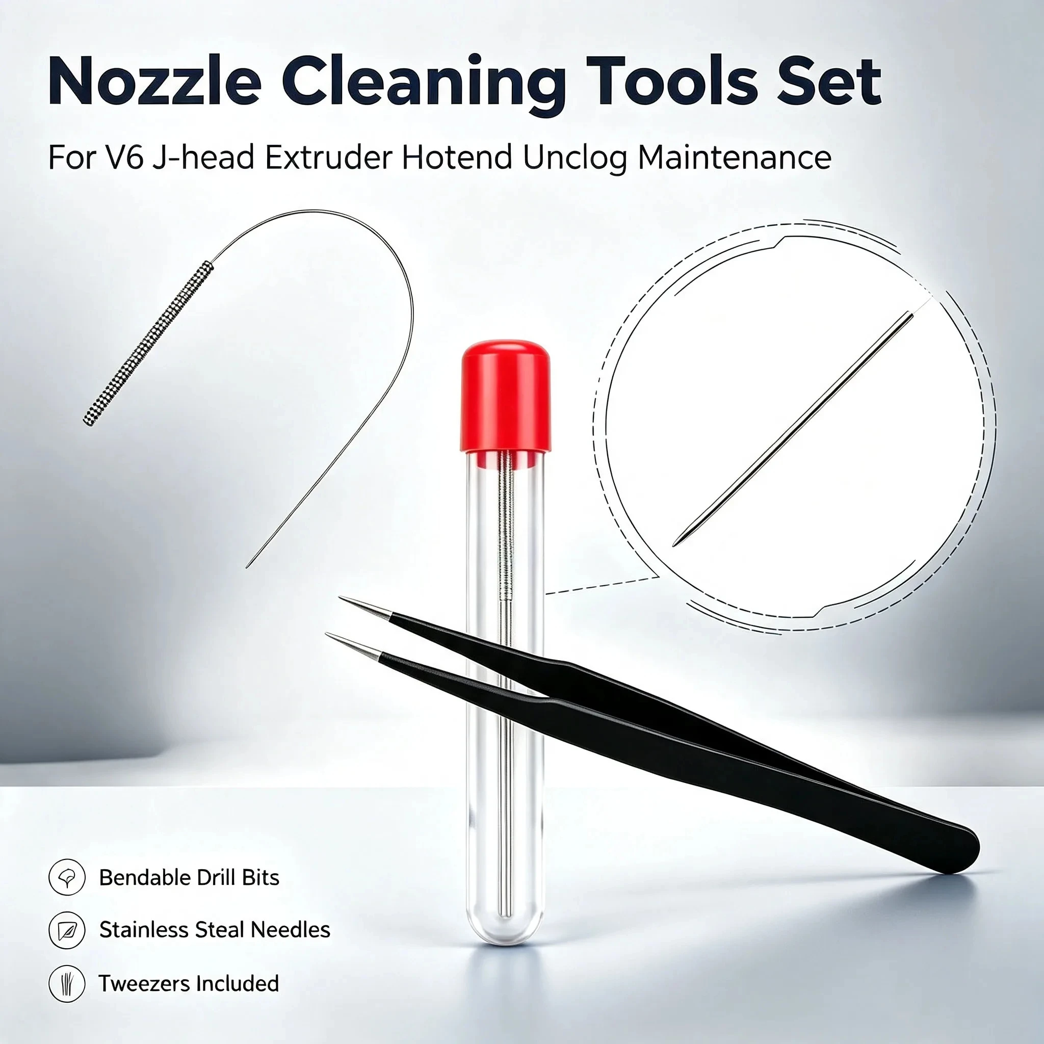 Nozzle Cleaning Tools Set Including Bendable Drill Bits and Tweezers, Fit V6 J-head Extruder Hotend Unclog Maintenance