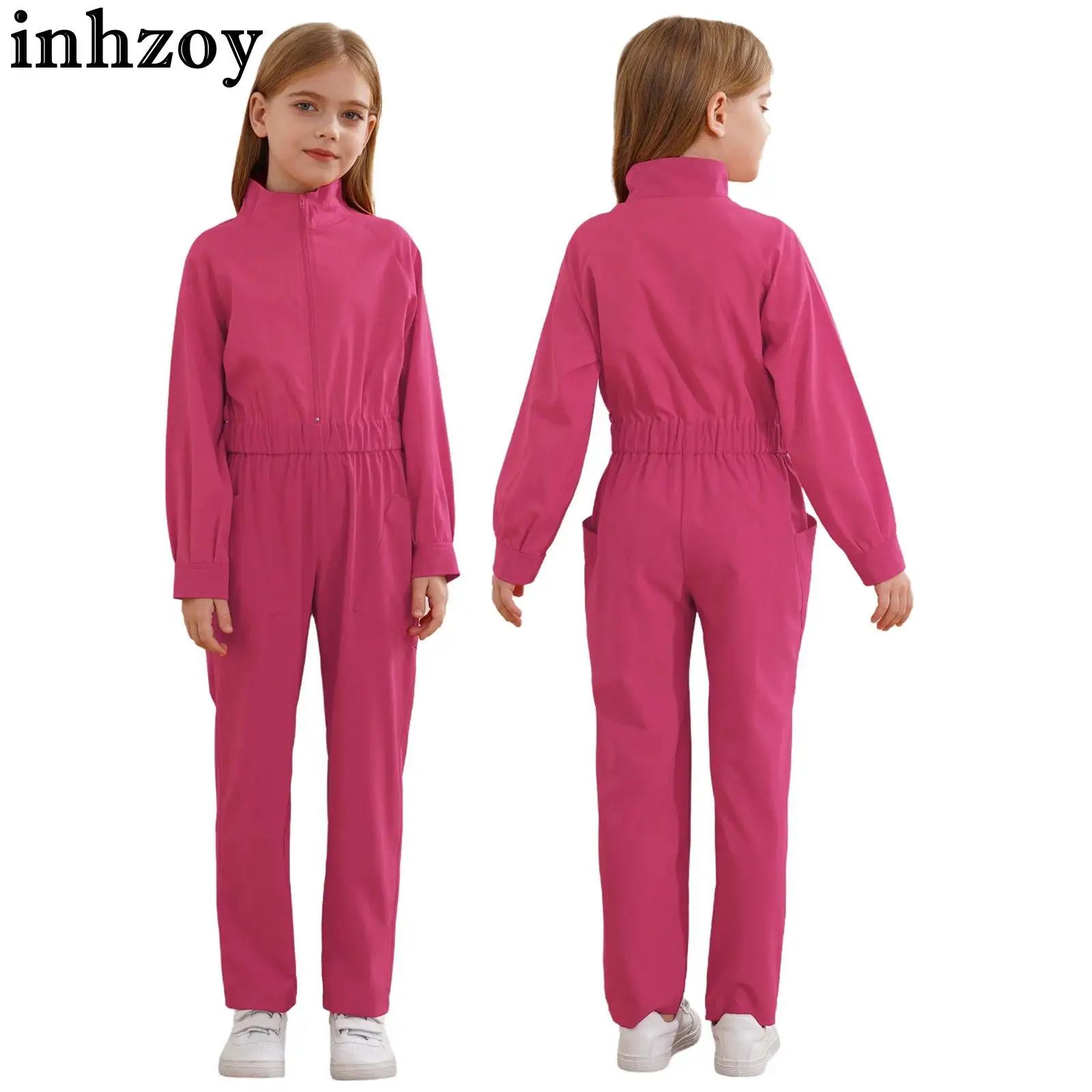

Kids Girls Coveralls Mechanic Flight Suit Solid Color Long Sleeve Zipper Jumpsuit Elastic Waist Rompers with Pockets Streetwear