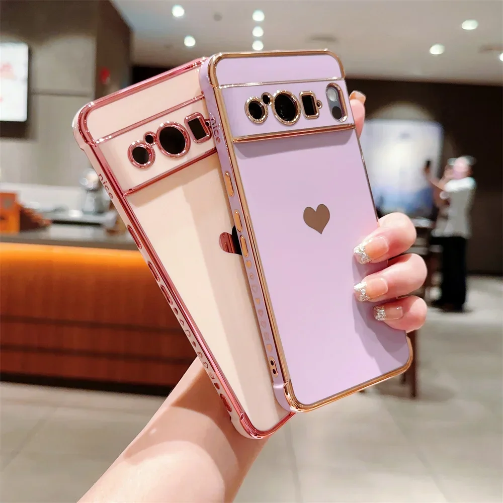 For Pixel 8 Pro 9 Fashion Love Heart Plating Case for Google Pixel 7A Pixel 8 9 Pro ProXL Shockproof Soft Lens Protection Cover