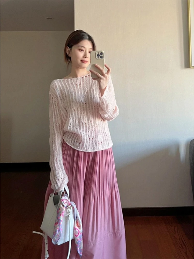 

Женская вязаная кофта с длинным рукавом и ажурным дизайном, летняя накидка от солнца, повседневная футболка с круглым вырезом для осени