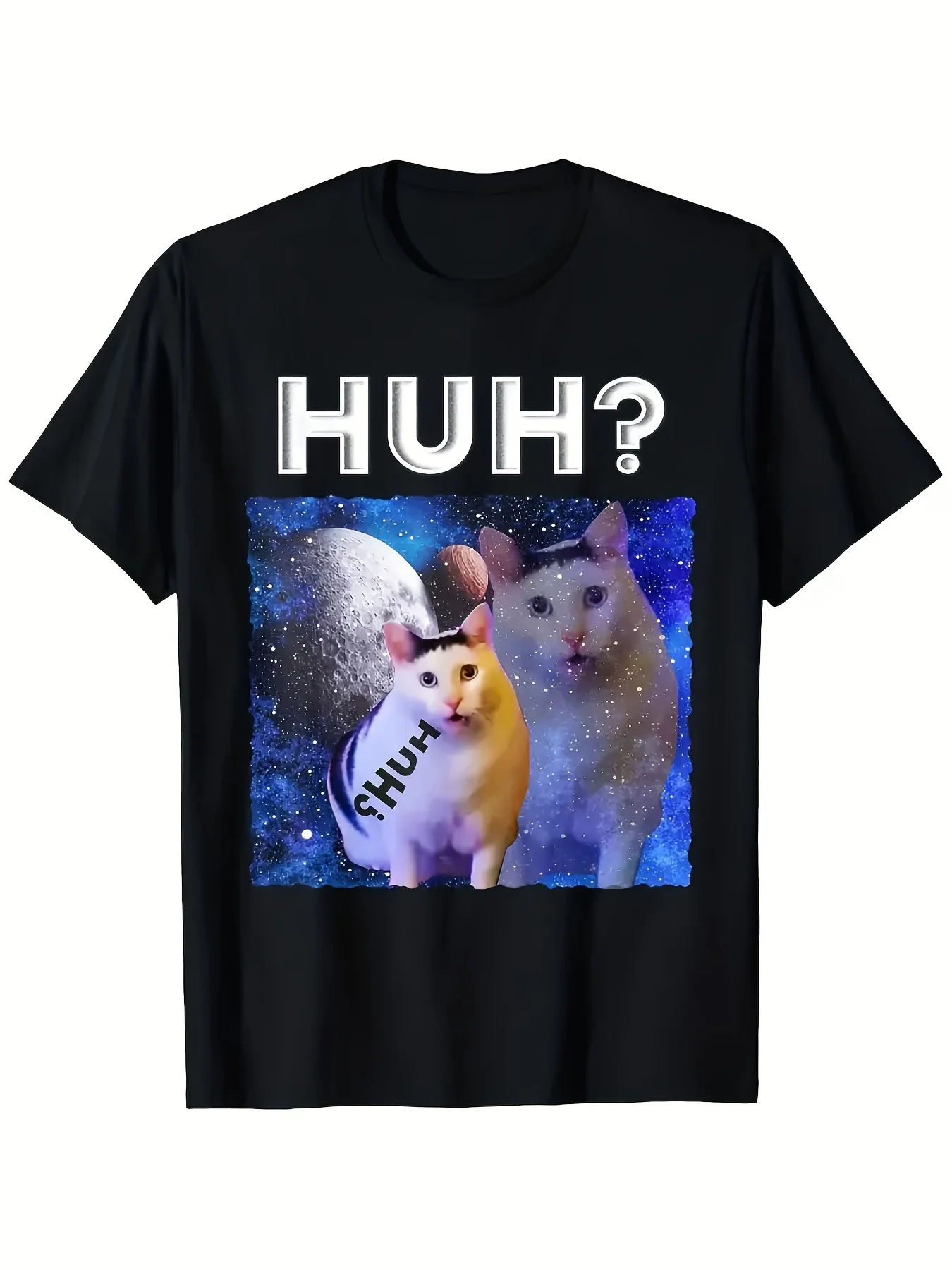 Funny Men's Black Graphic T-Shirt Cat Moon Galaxy Space Huh Letter Print Cosmic Pet Meme Illustration 100% Cotton Heavyweight Short Sleeve Casual Streetwear Tee