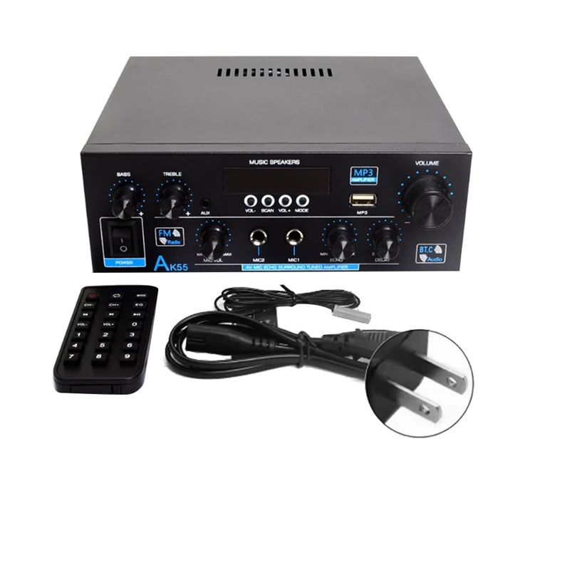 AK55 110-240V เครื่องขยายเสียงรถยนต์ 900W Max Power 2.0 Channel 70W + 70W Bluetooth Audio Hifi AMP เครื่องเล่นเพลง US Plug