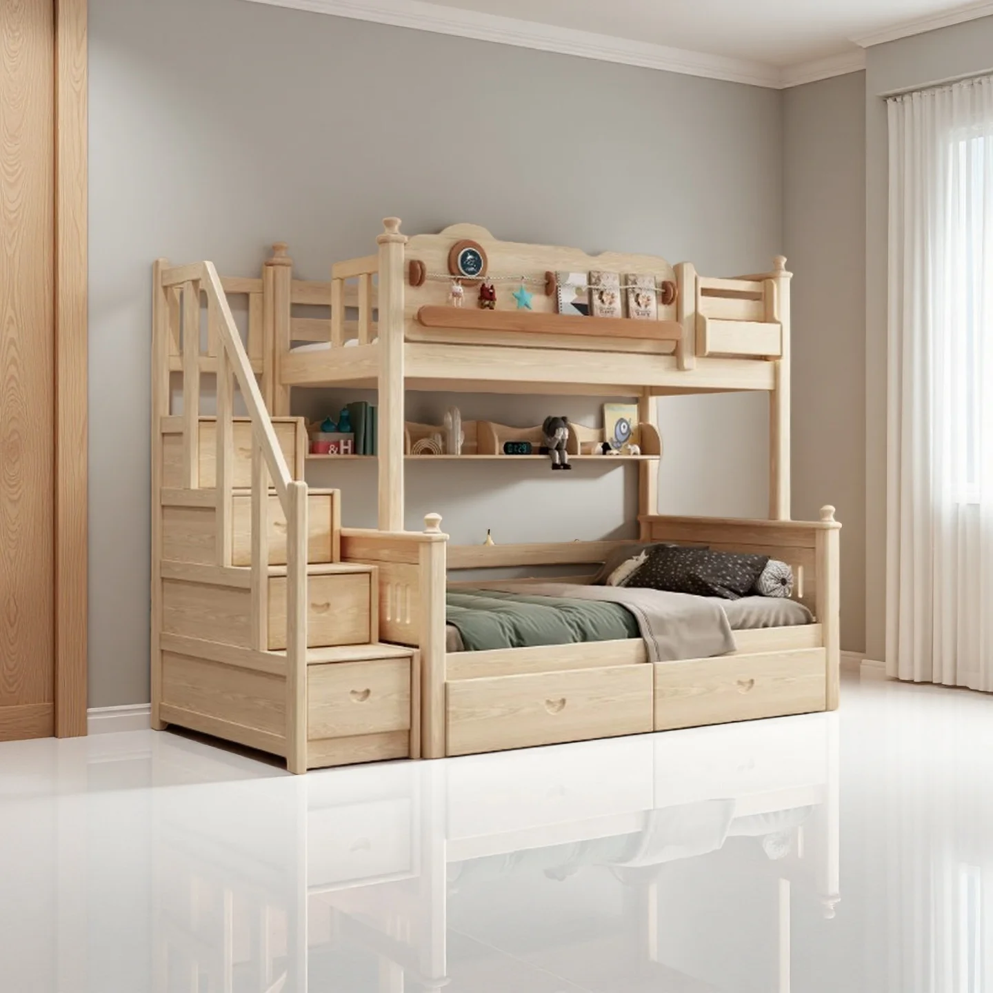 

Solid Wood Bunk Bed for Kids, Multifunctional High and Low Bed for Small Apartment, Mother and Child Bed