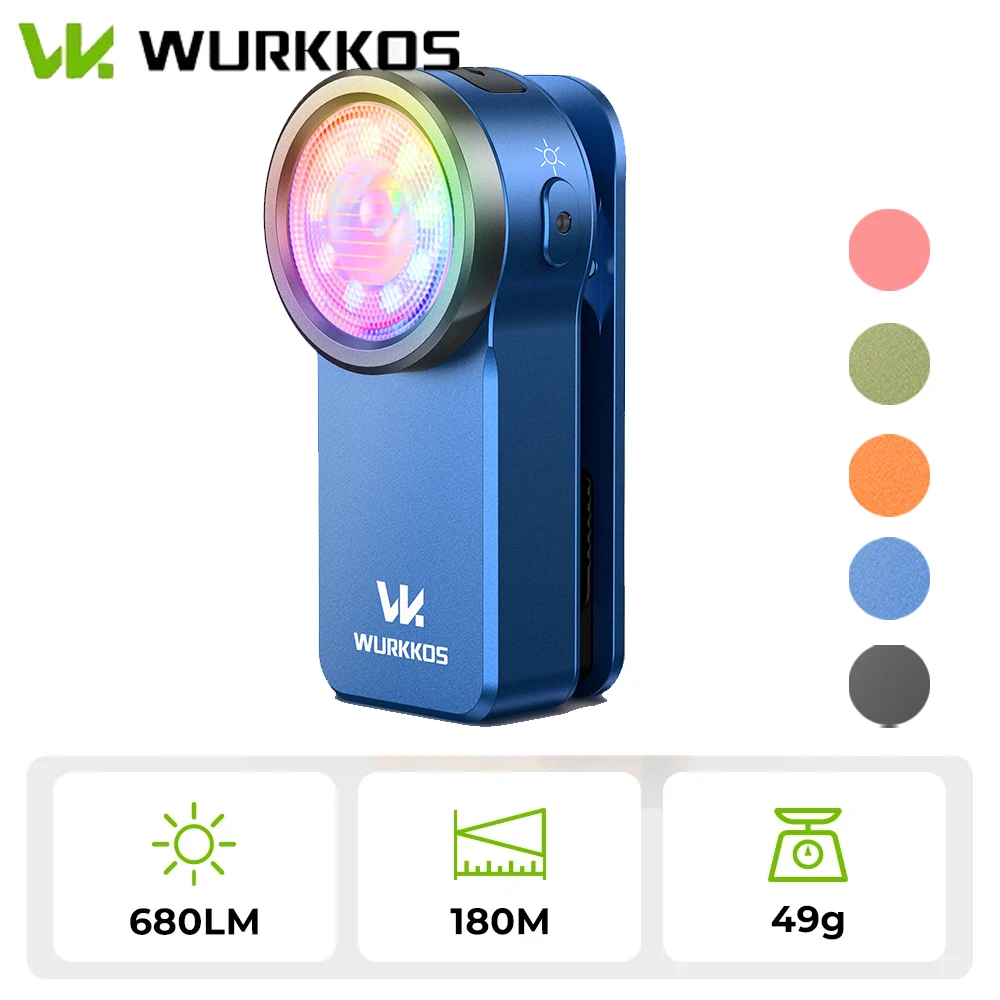 Wurkkos HD03 680LM Мини-светильник с зажимом USB-C Перезаряжаемый карманный водонепроницаемый фонарик Прожектор EDC RGB Магнит для фонарика
