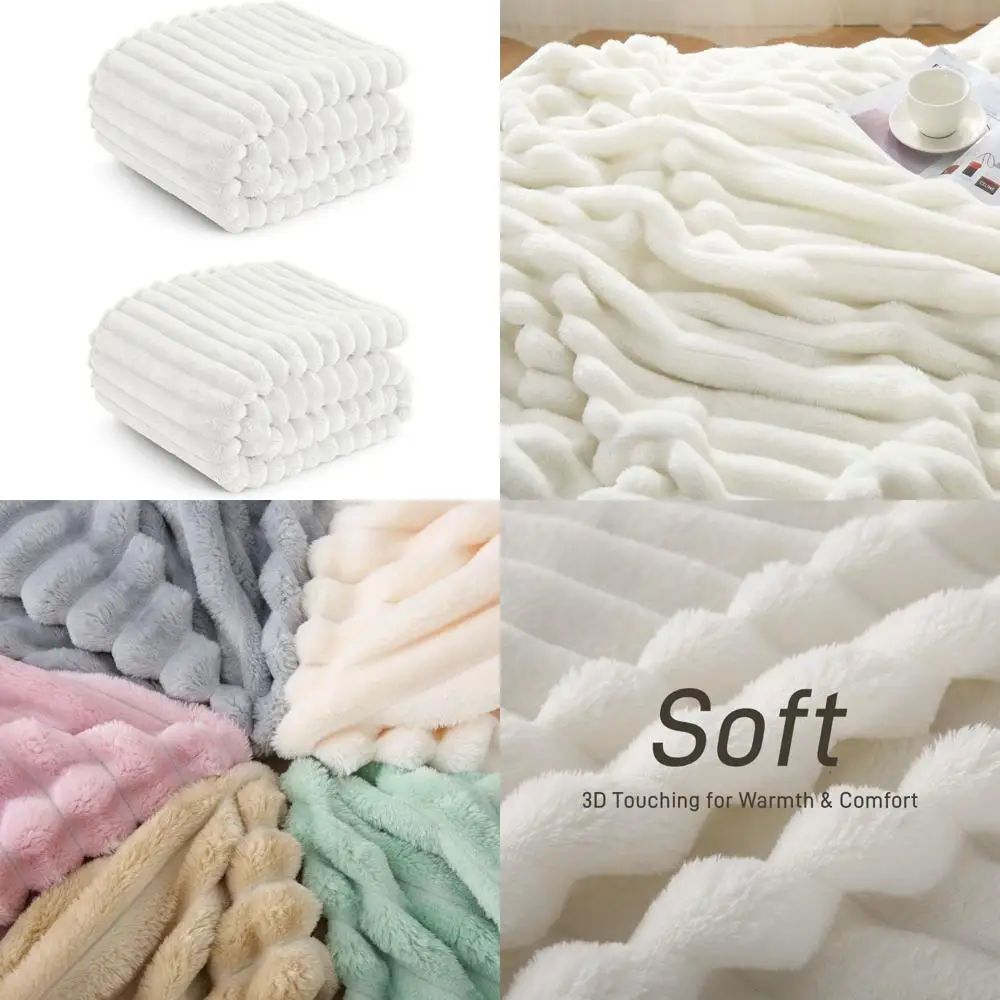 

2pcs 50"x60" fleece throw blanket for couch-350gsm soft cream white, striped and gift - ready for women and men,lightweight, bre