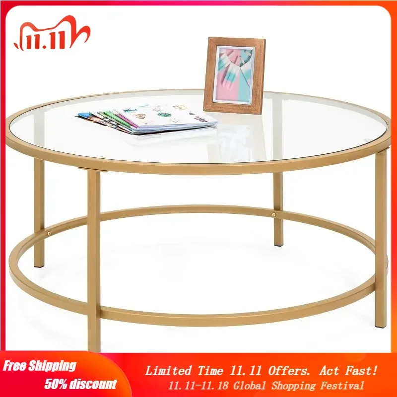 

36in Modern Round Tempered Glass Accent Side Coffee Table for Living Room, Dining Room, Tea, Home Décor