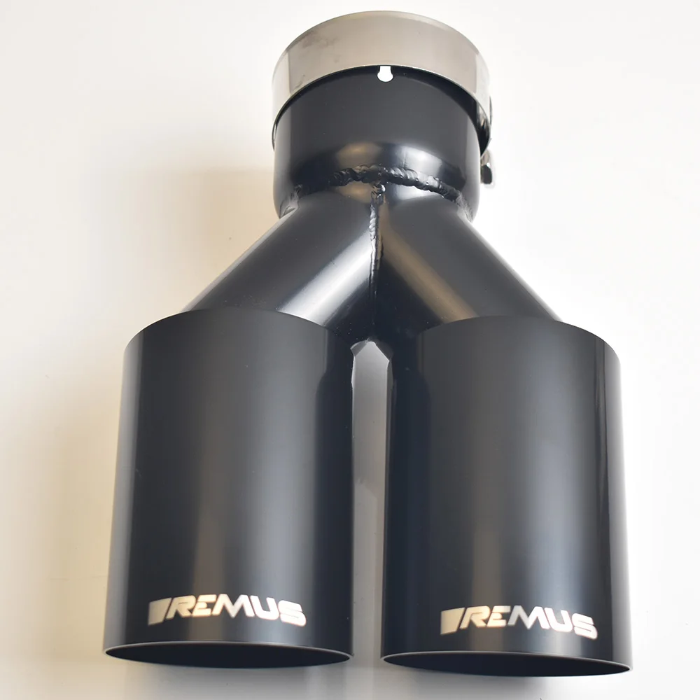 VREMUS Dual Car Modification Exhaust Pipe Glossy Black Stainless Steel Double Muffler Tip Equal Length for Middle Part